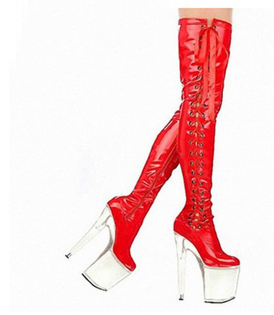 20cm Crystal Sexy Over-the-Knee Transvestite CD Cross-dressing Transvestite Super High Heel Straps Large Size Long Boots Women's Boots 35-46