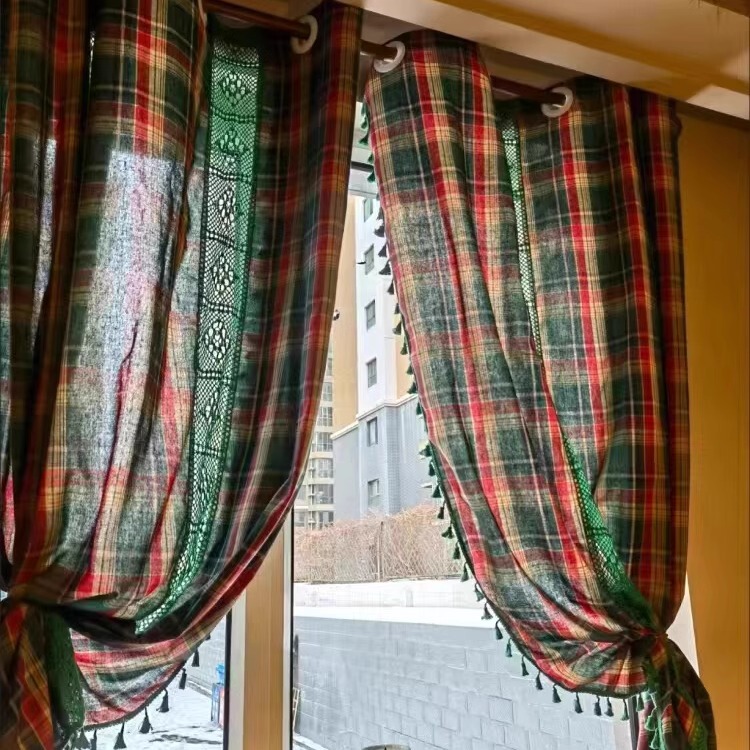 Curtains Green Plaid American Retro Cotton and Linen Curtains Finished Kitchen Curtains Bay Window Short Curtain Half Curtain Semi-Blackout Hook