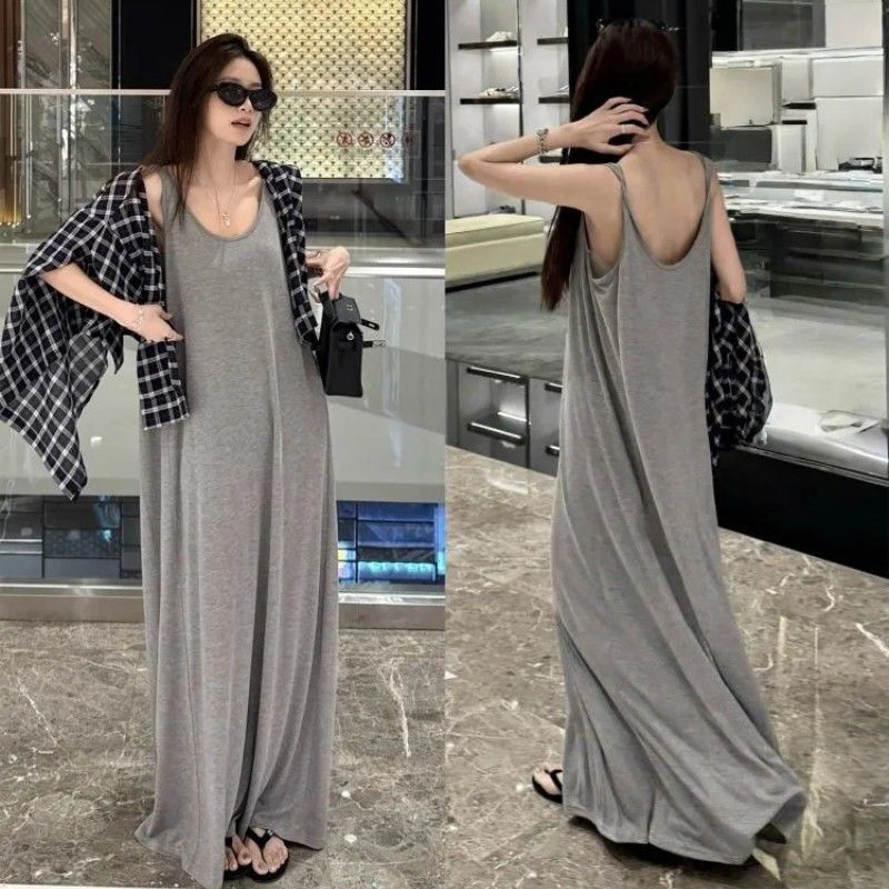Summer Lazy Style Inner Vest Dress, Loose Round Neck Slimming Sleeveless Dress, Long Over-The-Knee Lazy Dress