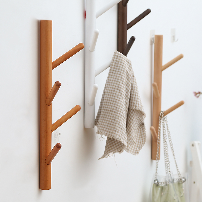 Creative wall solid wood coat rack Free hole hanging hook Wall shelf Bedroom entrance door hanging bag rack