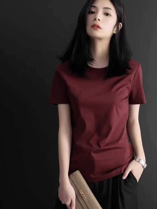 Silk-Like Cotton Short-Sleeve T-Shirt for Women, Summer Slimming Loose Fit Pure Cotton Half-Sleeve Versatile Slim-Fit Burgundy Round-Neck T-Shirt Top