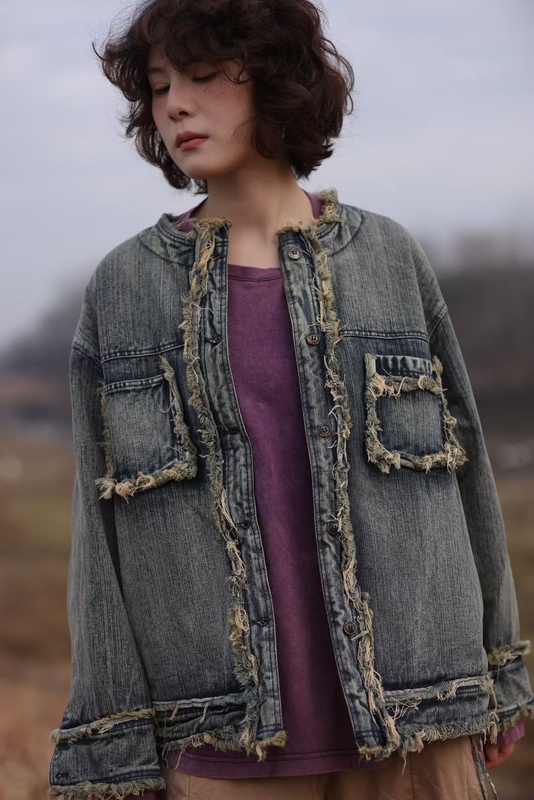 Mmbl Slowly Turns Blue, Brushed Denim Jacket, Loose Fit, Washed and Distressed 35871