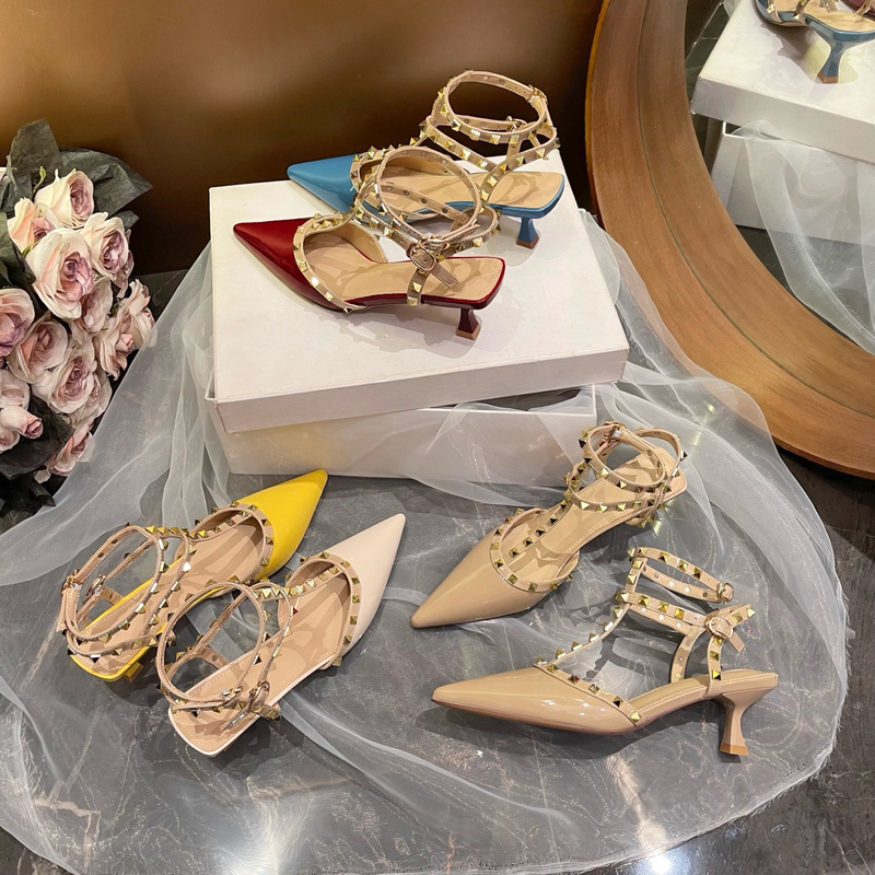Miss Binli Rivet Toe Sandals for Women Summer 2025 Red Patent Leather Stiletto Heel Hollow Back Pointed Toe High Heels 6863-5