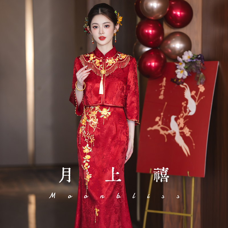 Red New Chinese-Style Cheongsam Toast Dress 2026 Autumn and Winter New Bride Long-Sleeved Engagement Dress Set for Petite Women Red New Chinese-Style Cheongsam Toast Dress 2026 Autumn and Winter New Bride Long-Sleeved Engagement Dress Set for Petite Women