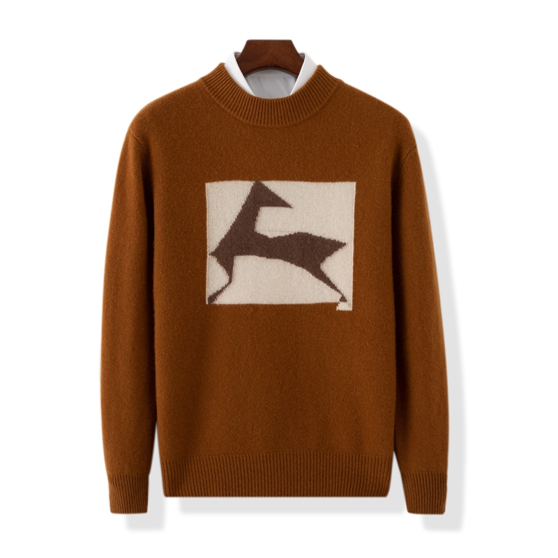 [Machine Washable] 100% Wool Men's Autumn and Winter Thickened Round-Neck Pullover Sweater with Animal Pattern, Popular Cashmere Sweater