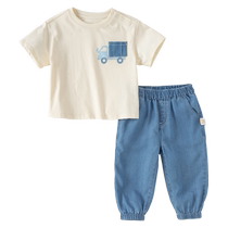 David Bella childrens trousers suit 2024 new boys short-sleeved jeans two-piece set baby boy childrens clothing