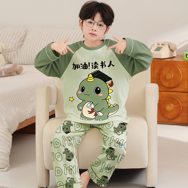 Children's Pajamas for Boys, Pure Cotton, Spring and Autumn Thin Long-Sleeved Long Pants, Boys' Medium and Large Children's Set, Cartoon Dinosaur Loungewear