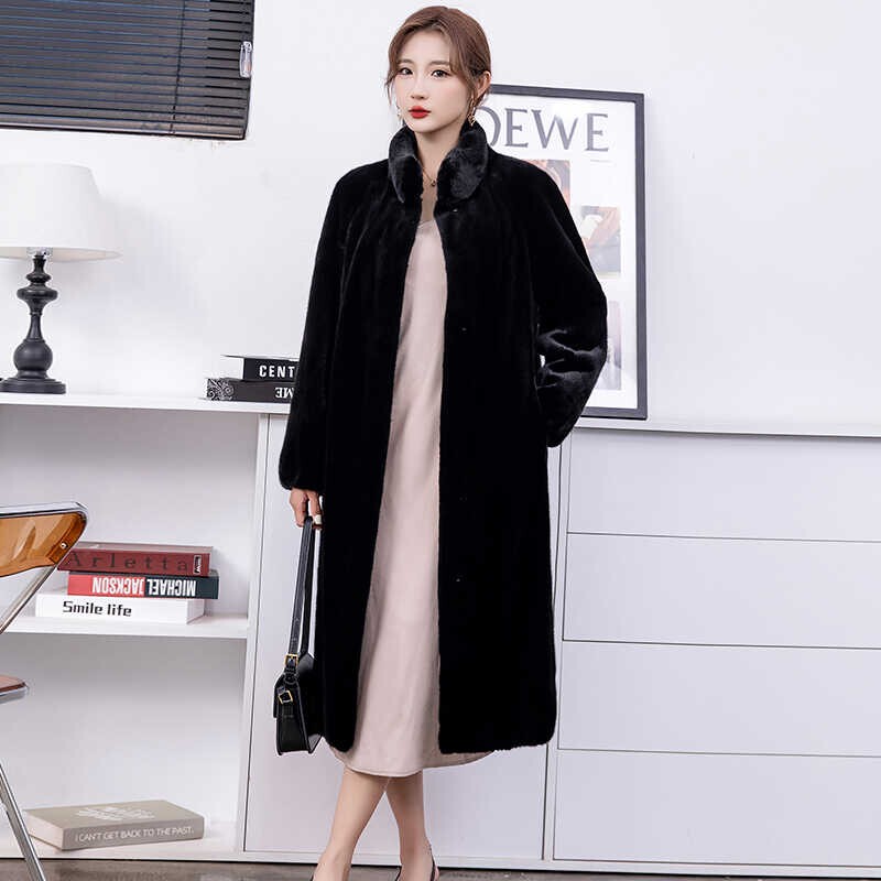 New Haining Imported Velvet Mink Fur Coat for Women, Full Mink Stand-Up Collar Hooded Mink Fur Coat, Mid-Length Winter Style