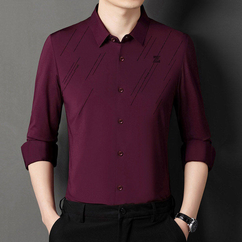 Burgundy Long-Sleeve Men's Shirt for Wedding Banquet, Striped High-End Wedding Attire for Father-In-Law, Non-Iron Formal Dress Shirt for Dad Burgundy Long-Sleeve Men's Shirt for Wedding Banquet, Striped High-End Wedding Attire for Father-In-Law, Non-Iron Formal Dress Shirt for Dad