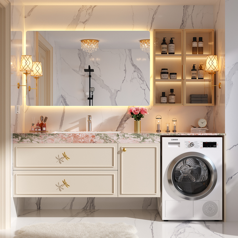 French-Style Balcony Oak Washing Machine Cabinet Combination, Light Luxury Style, Slate Washbasin, Sink, Bathroom Integrated Cabinet