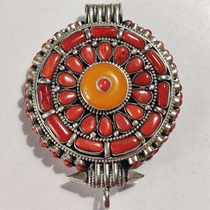 Tibetan National style silver jewelry sterling silver inlaid beeswax this year Red Amulet pendant round Gabu box