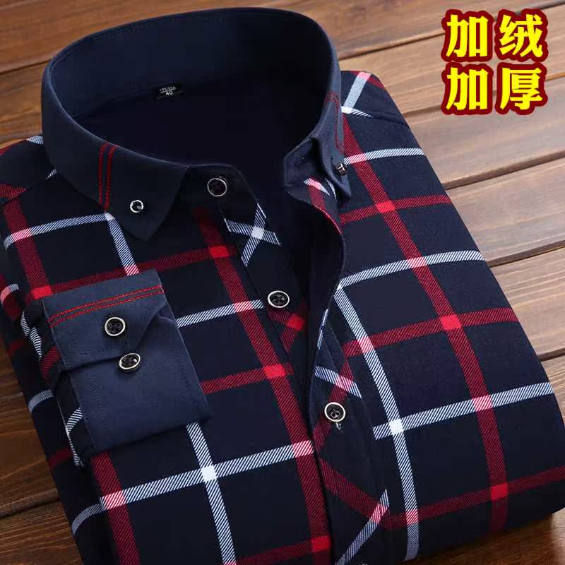 Mùa đông cộng với nhung dày trẻ lâu sleevewarm mens áo ấm cha trung niên mặc áo kẻ sọc cộng béo áo kích thước lớn.