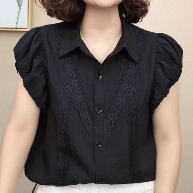 Fashionable Mother's Clothing Lapel Short-Sleeved Shirt for Women 2025 Summer New Loose Versatile Patchwork Lace Trim Top