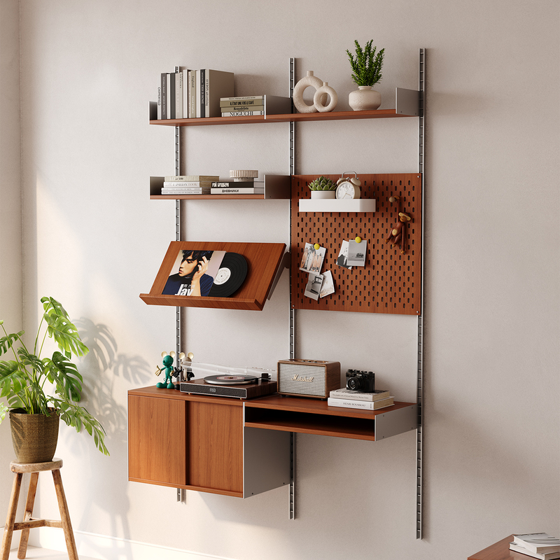 Vintage-Style Wall-Mounted Shelf, Metal Pegboard Storage Rack, Aluminum Profile, Solid Wood Multi-Layer Bookshelf, Wall System Cabinet