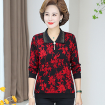 2021 middle-aged and elderly womens autumn long sleeve T-shirt large size mother dress lapel collar hot diamond top base shirt