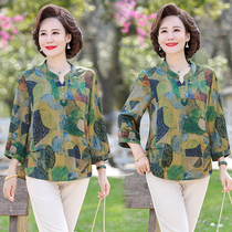 Mother Loaded Spring Summer 70% Sleeves T-Shirt Mid-Aged Womens Clothing Satin Emulation Silk Shredded Floral Collar Blouse Loose