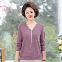 Middle-aged and elderly womens spring long sleeves base shirt foreign mother dress V-neck knitted T-shirt size casual shirt age reduction