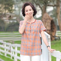 Middle-aged and elderly womens womens clothing summer cotton short sleeve T-shirt Plaid thin loose size small shirt breathable Leisure