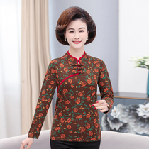 Middle aged woman Spring loaded long sleeve T-shirt crushed flower stand collar bottom-shirt retro qipao collar blouses mother-wind mother dress