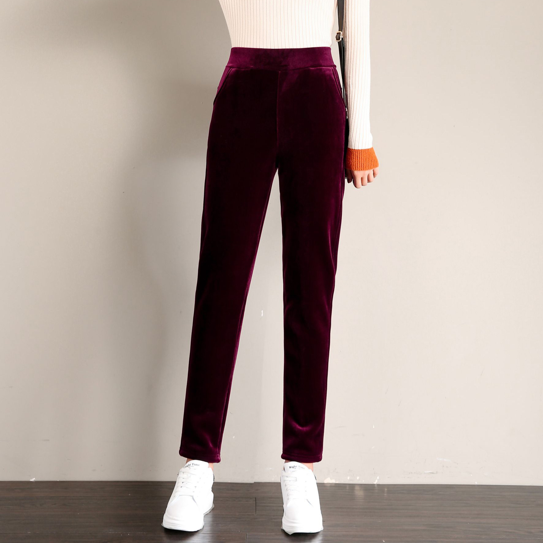 Middle-aged women's trousers qiu dong kuan velvet pants trousers casual pants straight high-rise elastic waist mother dress wild pants