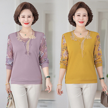 Mid-aged womens clothing spring dress Long sleeves T-shirt Undershirt Mother Dress Embroidered Snow-spinning Splicing Blouse for big size