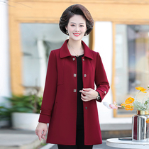 2021 Middle-aged and elderly womens autumn and winter clothing long woolen coat solid color coat large size mothers trench coat top