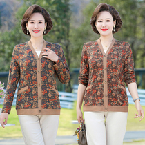 Mother Dress Spring Long Sleeve Knit V Collar Cardiovertresses Big Code Middle Aged Womens Clothing Shredded Flower T-shirt With Undershirt Thin Coat