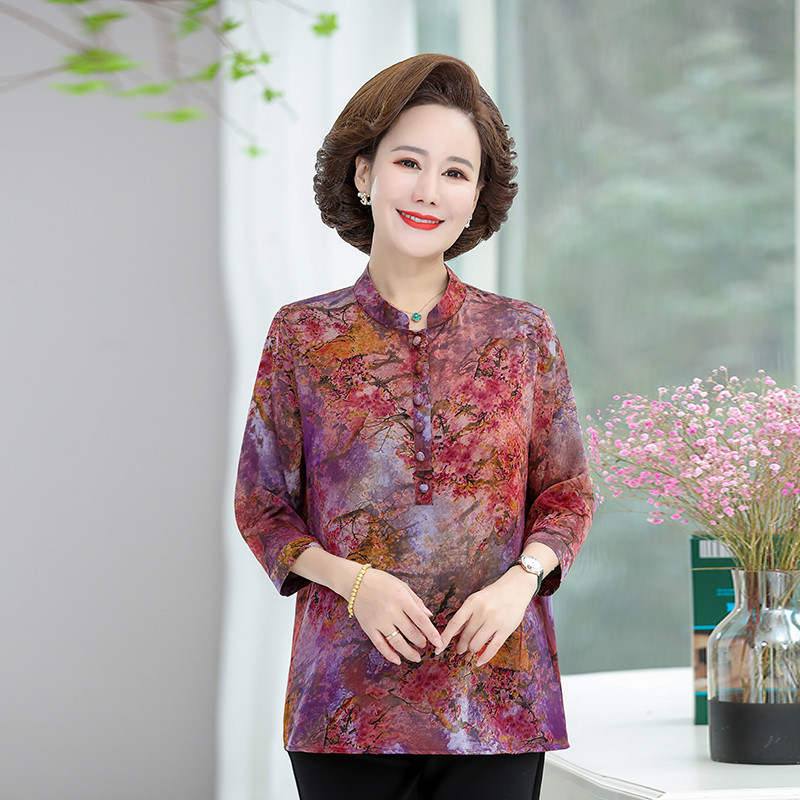Middle aged woman dress spring summer 50% sleeve shirt T-shirt Mom dress 70% sleeve blouse Broken Flower Easy collar