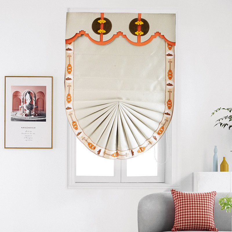 New Chinese high-end light lavish shading curtains tea room Book room Book room small window curtains Short door curtain fan lifting Roman blinds