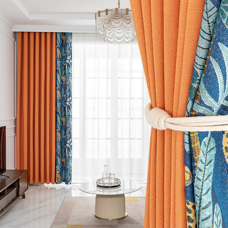 2021 new American light luxury now style living room bedroom thickened leopard orange blackout curtain cloth