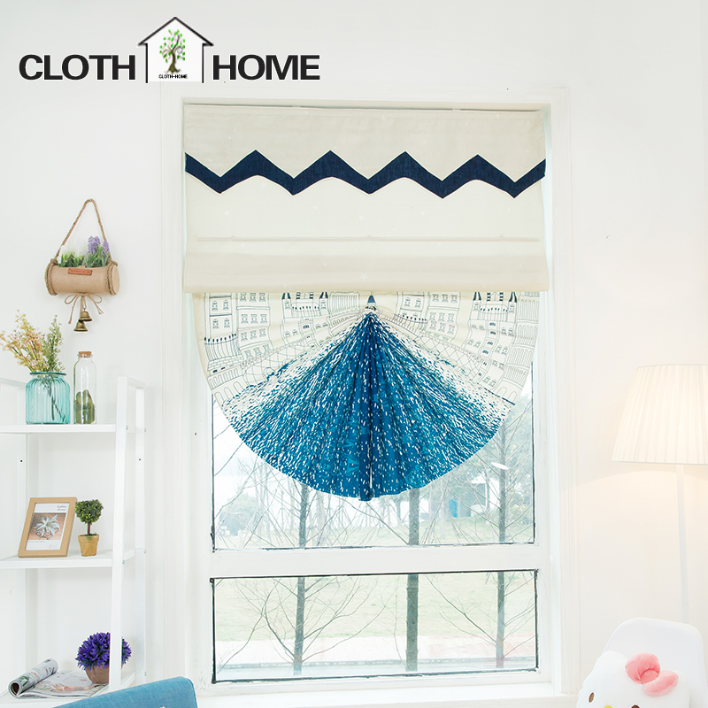 Modern simple curtains Blue Castle semi-blackout fan-shaped Roman curtains Children's cartoon room curtains partition windows