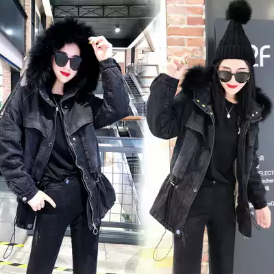 2021 autumn and winter New Fashion denim coat women's cotton-padded clothing slim real hair collar plus velvet Parker dress tide