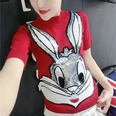 2021 autumn and winter New Korean knitwear short sleeve T-shirt female cartoon pattern sequin base shirt top