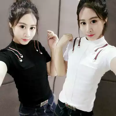 Tide t female autumn and winter fashion short sleeve Joker half sleeve top slim slim half high collar base shirt students
