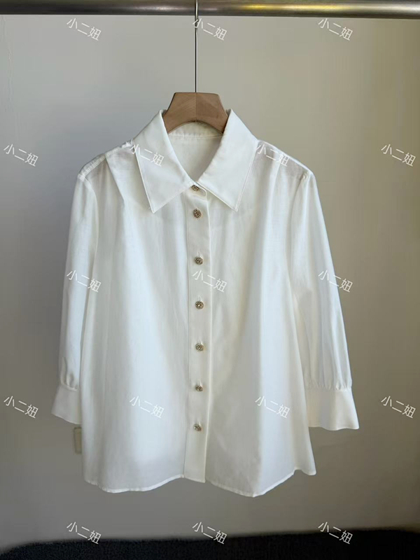 High-End 26 Summer-Autumn Cotton Blend Shirt with Diamond Buttons and Three-Quarter Sleeves