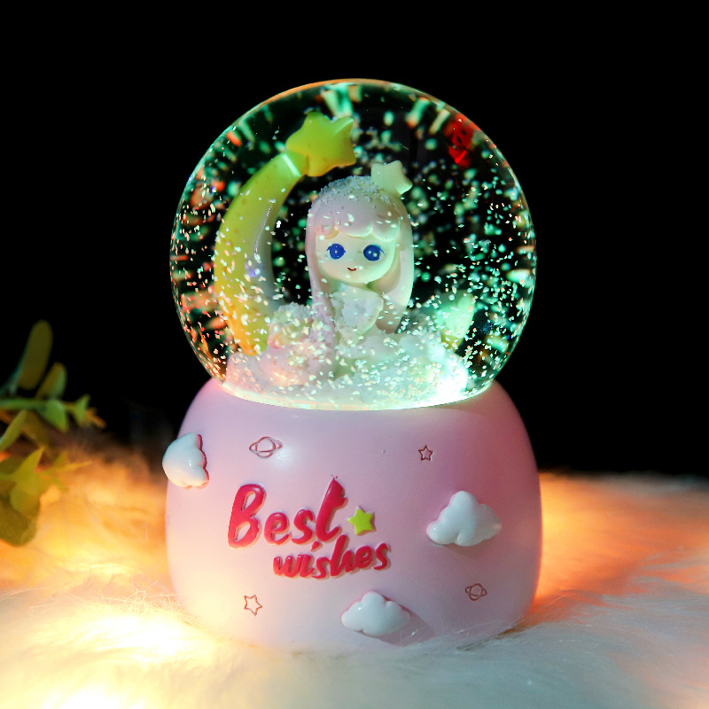 Creative Pink Ensemble Clouds moon Princess Water Crystal Ball Snow Colorful Lights Eight-tone Boxes Girls Girlfriends Holiday Gifts