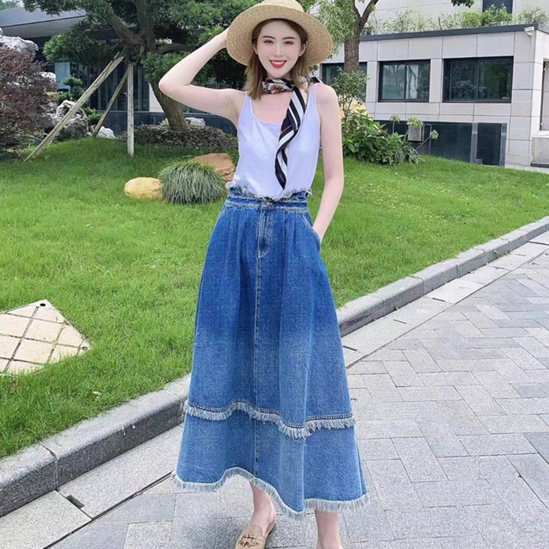 Auamisch Flag 2022 Summer New paragraph 100 Lap Eyelash Side Denim Half Body Dress 5200244-2038062-001