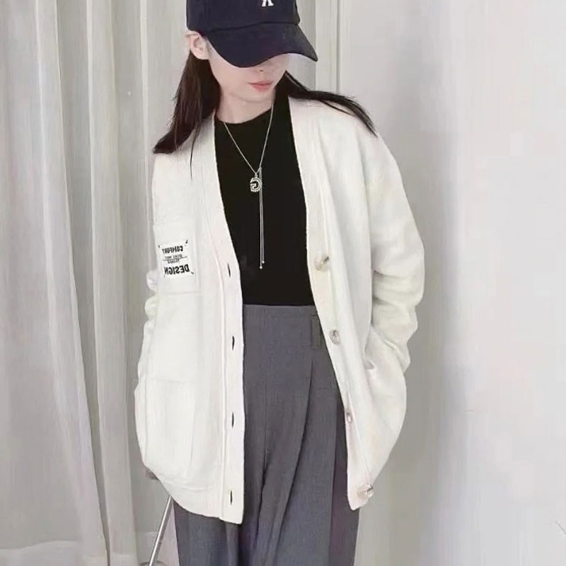 Brother's new 2021 autumn winter V collar letter pocket cloth with cashmere knit cardiovert jacket 1499147