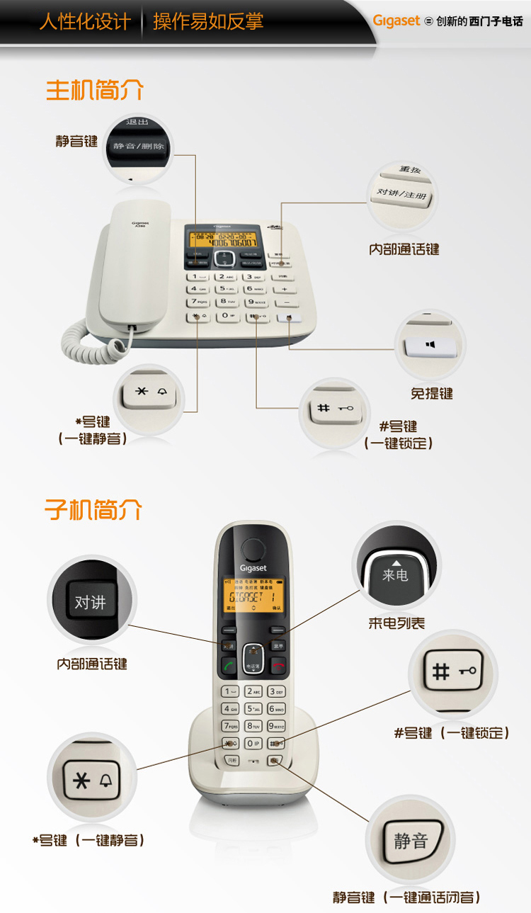 德国Gigaset A280子母机 固话电话机座机无绳电话