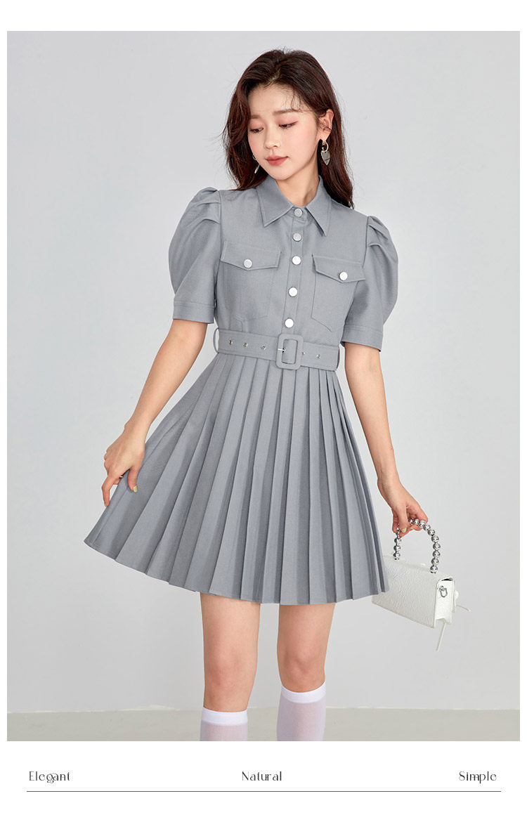 凡兔简约舒适单排扣显瘦百褶连衣裙2022夏季新款时尚口袋通勤裙女详情14