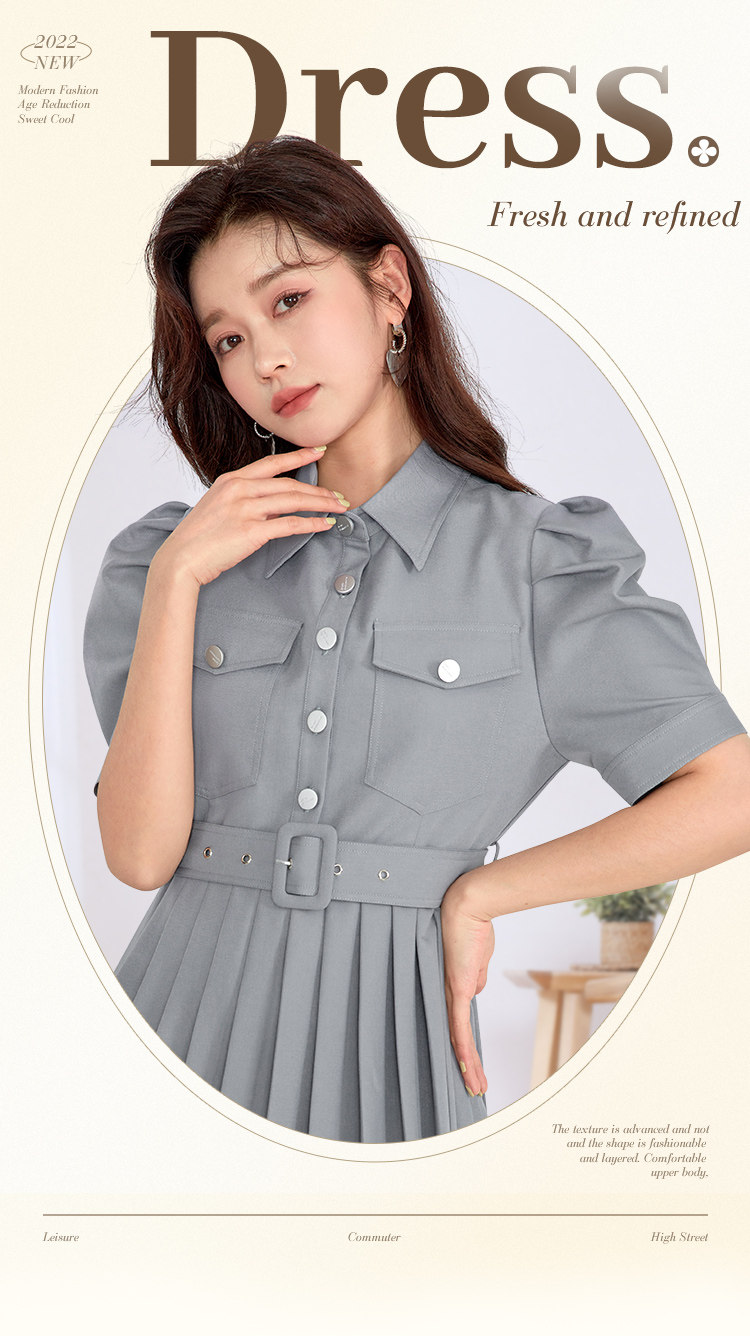 凡兔简约舒适单排扣显瘦百褶连衣裙2022夏季新款时尚口袋通勤裙女详情1