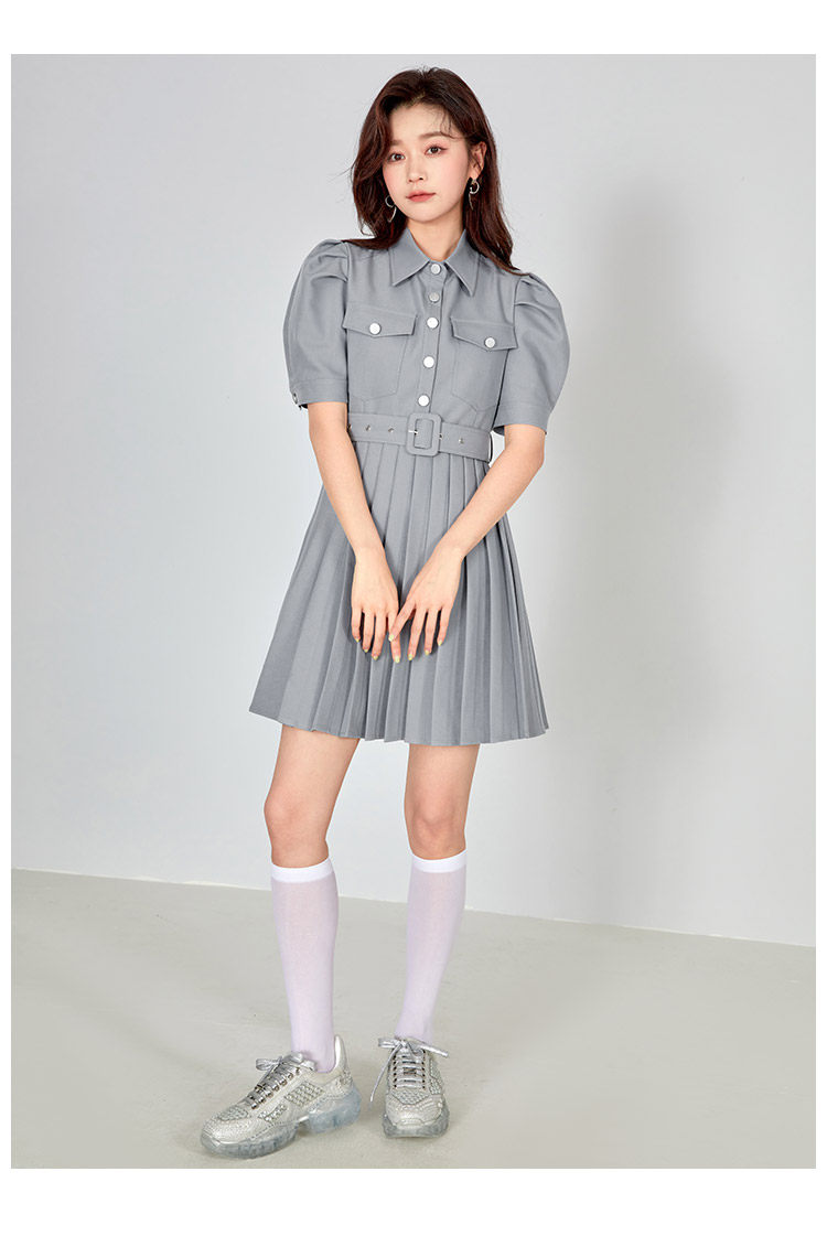 凡兔简约舒适单排扣显瘦百褶连衣裙2022夏季新款时尚口袋通勤裙女详情19