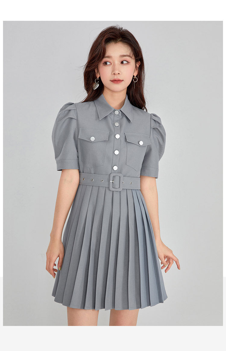 凡兔简约舒适单排扣显瘦百褶连衣裙2022夏季新款时尚口袋通勤裙女详情17