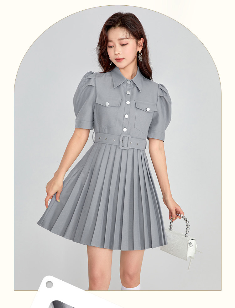 凡兔简约舒适单排扣显瘦百褶连衣裙2022夏季新款时尚口袋通勤裙女详情6