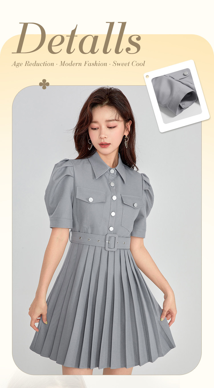 凡兔简约舒适单排扣显瘦百褶连衣裙2022夏季新款时尚口袋通勤裙女详情4