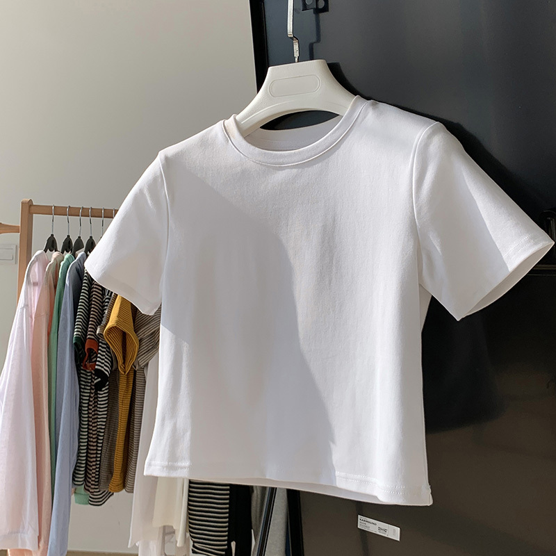 White Round Neck Short-Sleeve T-Shirt for Women, Summer Slim-Fit Short T-Shirt, Versatile Casual Cotton Top for Women