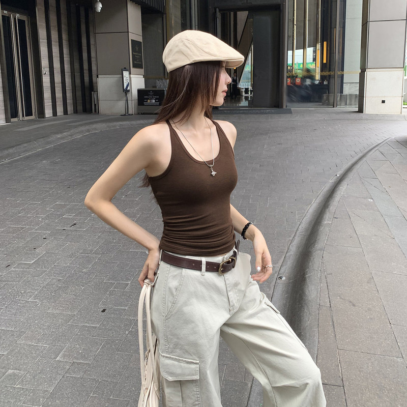 Tencel Wool Coffee-Colored U-Neck Spaghetti Strap Tank Top for Women, Summer 2026 New Style, High-End Feel, Stunning Thai Design Tencel Wool Coffee-Colored U-Neck Spaghetti Strap Tank Top for Women, Summer 2026 New Style, High-End Feel, Stunning Thai Design