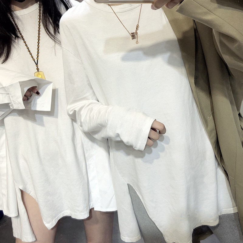 Solid color split t-shirt women's Korean version of white wild medium-long section with loose large size long-sleeved cotton base shirt autumn