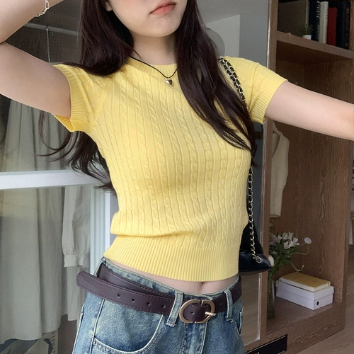 Цветная трикотажная весенняя дизайнерская приталенная футболка с коротким рукавом, тренд сезона, круглый воротник