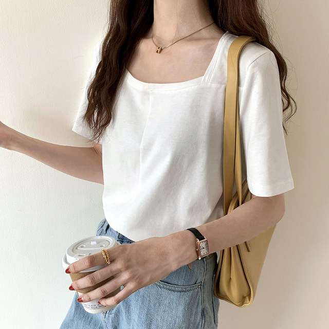 Solid color T-shirt women's short-sleeved 2022 new square collar small man French self-cultivation design feeling niche foreign style top summer